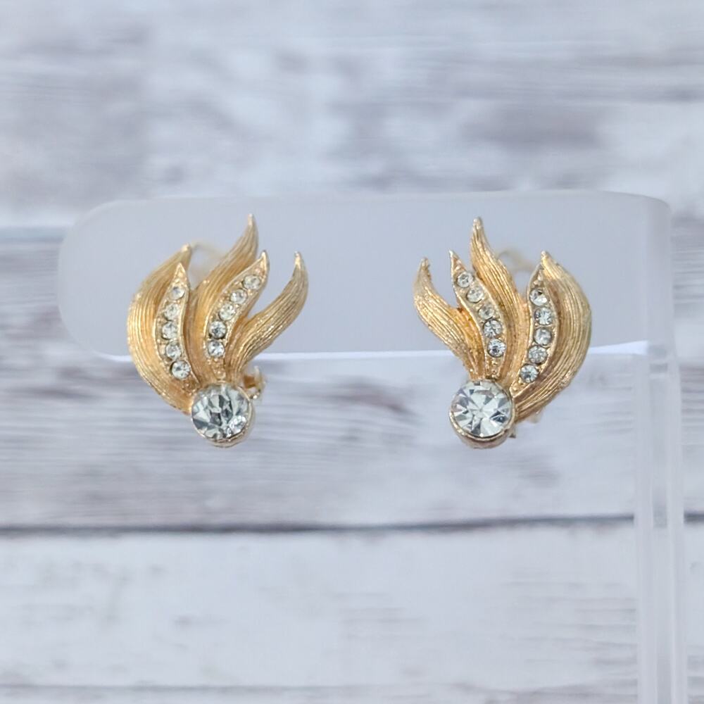 Vintage Clip On Earrings Statement Gold Tone with Clear Gems Regal